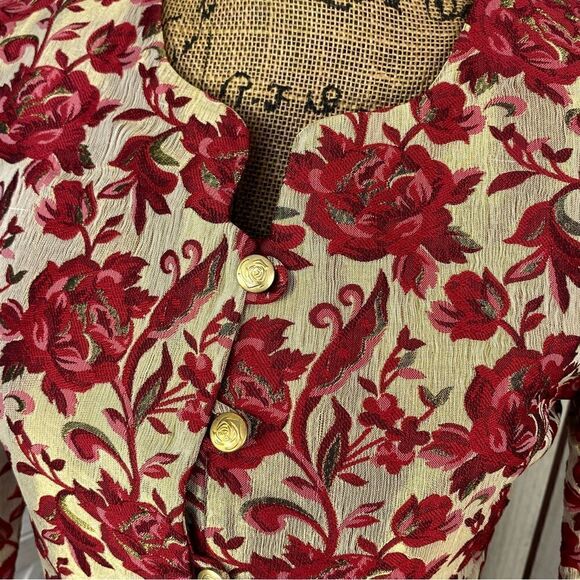 Vintage BASSET Floral Brocade Hip Jacket Button Front Gold Red 38 Petite Small - Picture 6 of 12